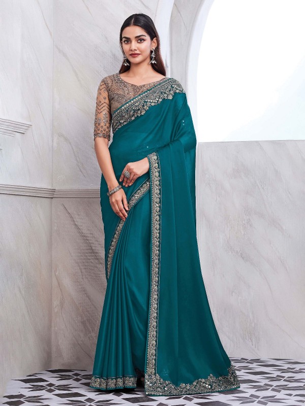 Peacock Blue Chiffon Silk Saree